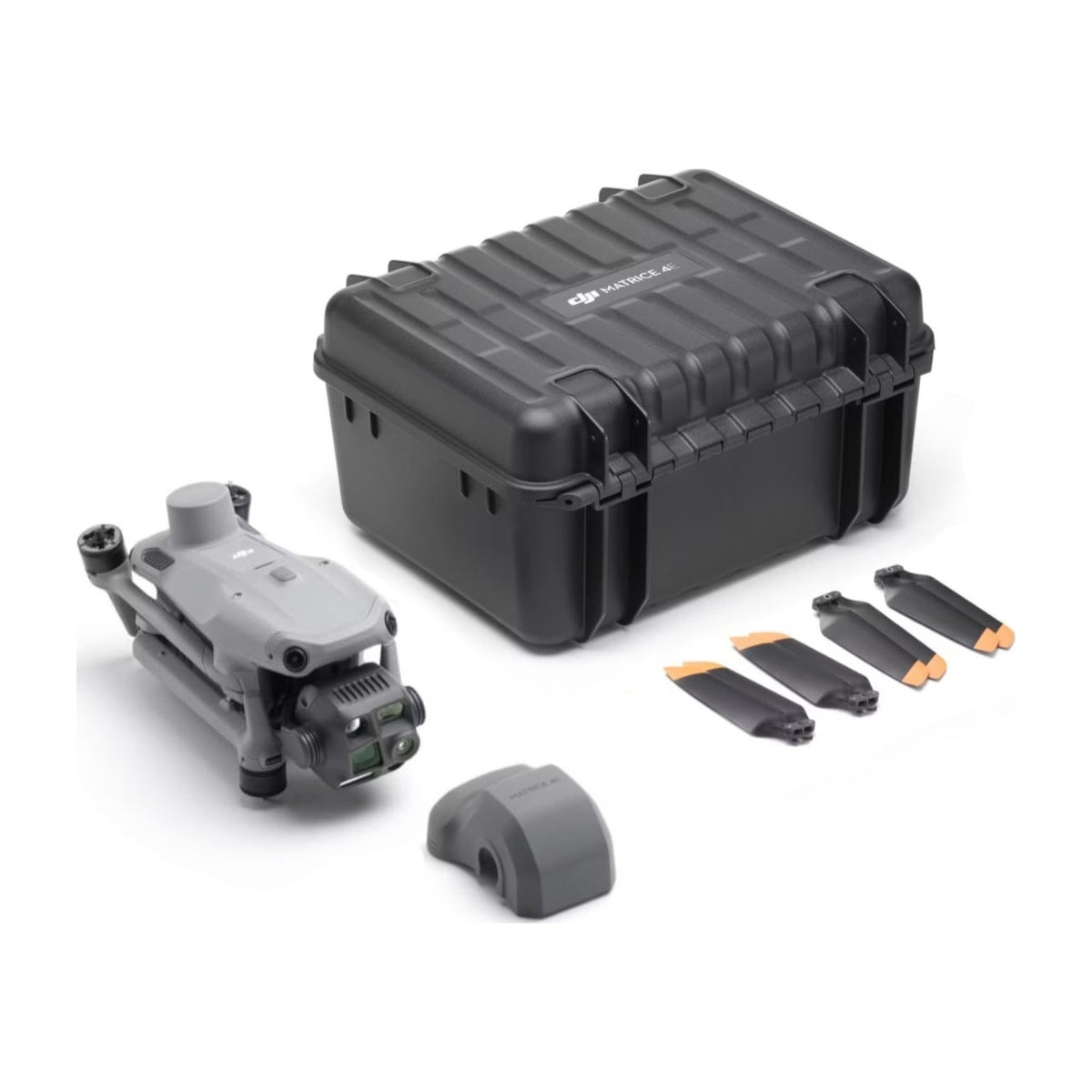 Lieferumfang der DJI Matrice 4T Ersatzdrohne: Drohne, Transportkoffer, Gimbalschutz und vier Propeller
