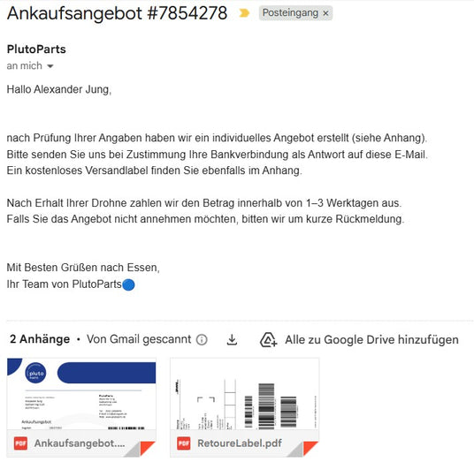 Beispiel eines Ankaufsangebots mit kostenlosem Versandlabel per E-Mail