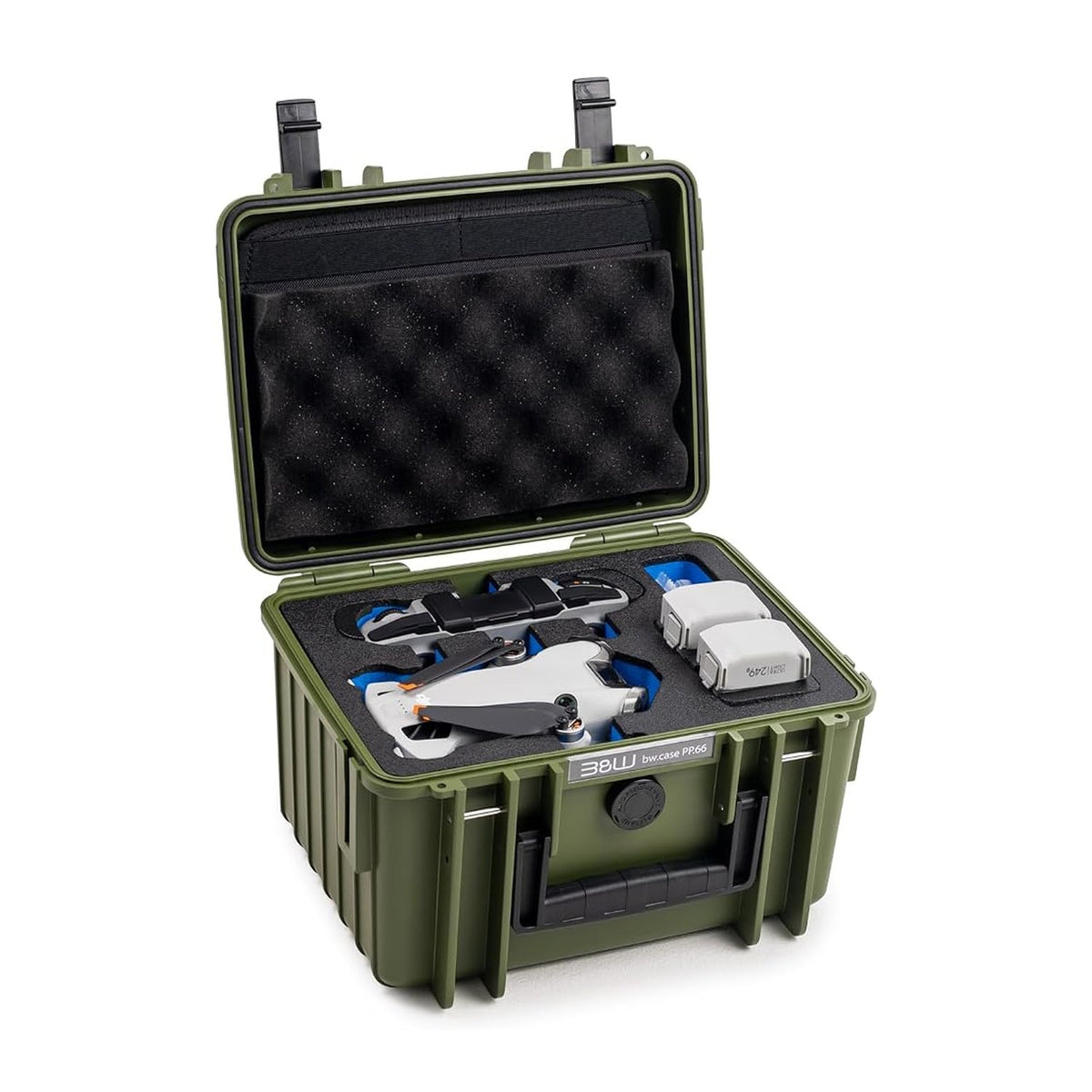 B&W Transportkoffer Typ 2000 geöffnet mit DJI Mini 4 Pro, Fernsteuerung und Akkus