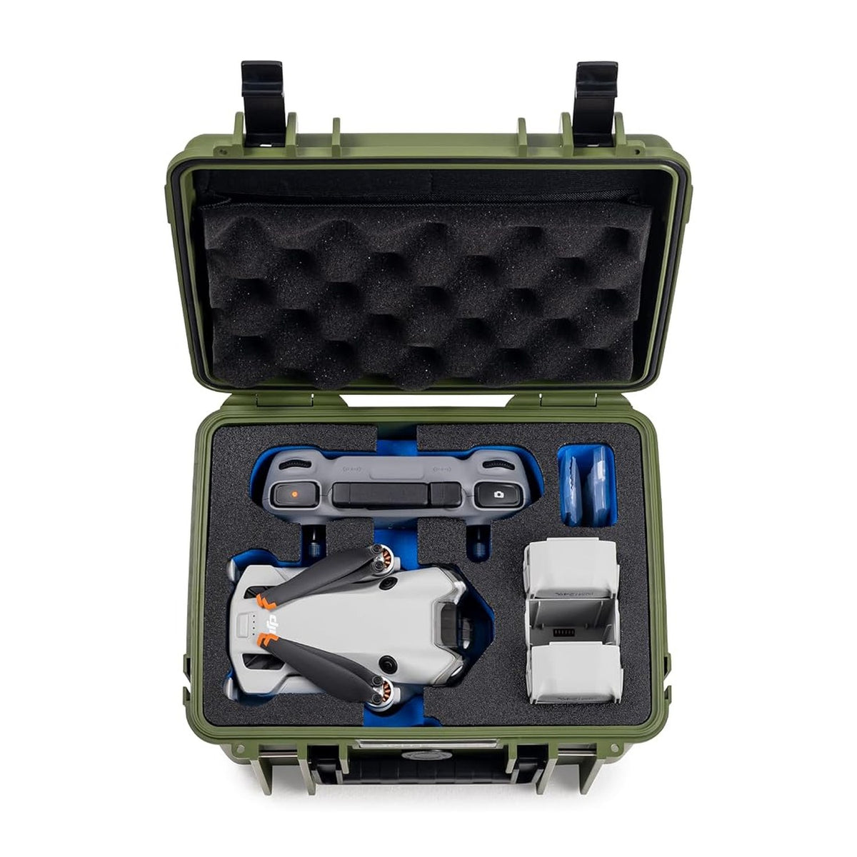 B&W Transportkoffer Typ 2000 von oben: DJI Mini 4 Pro, DJI RC-N2 und Akkus in der Einlage