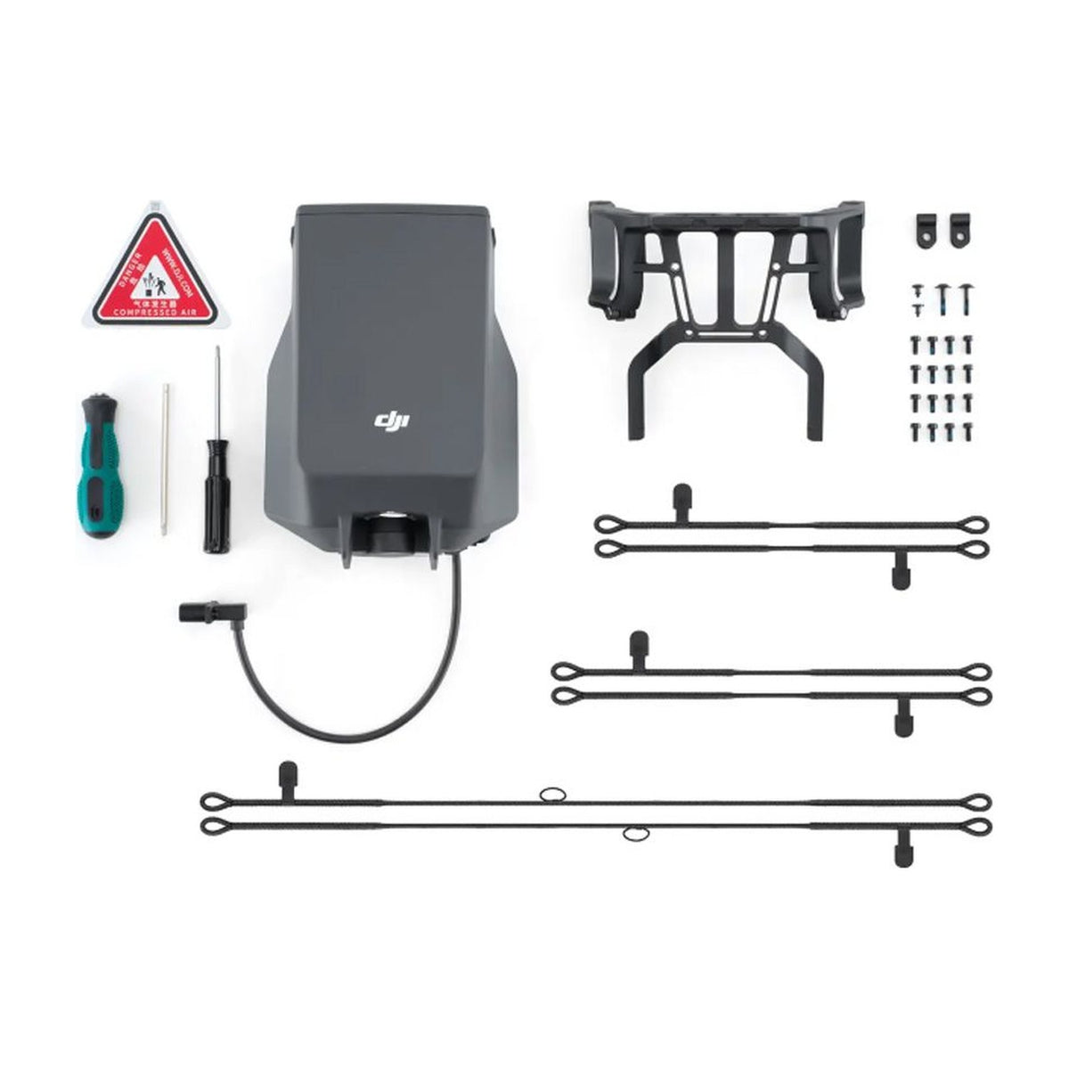Lieferumfang DJI AP100: Fallschirm, Montagehalterung, Schrauben, Werkzeug, Kabelklemmen, drei Gimbal-Sicherungsseile, Warnaufkleber