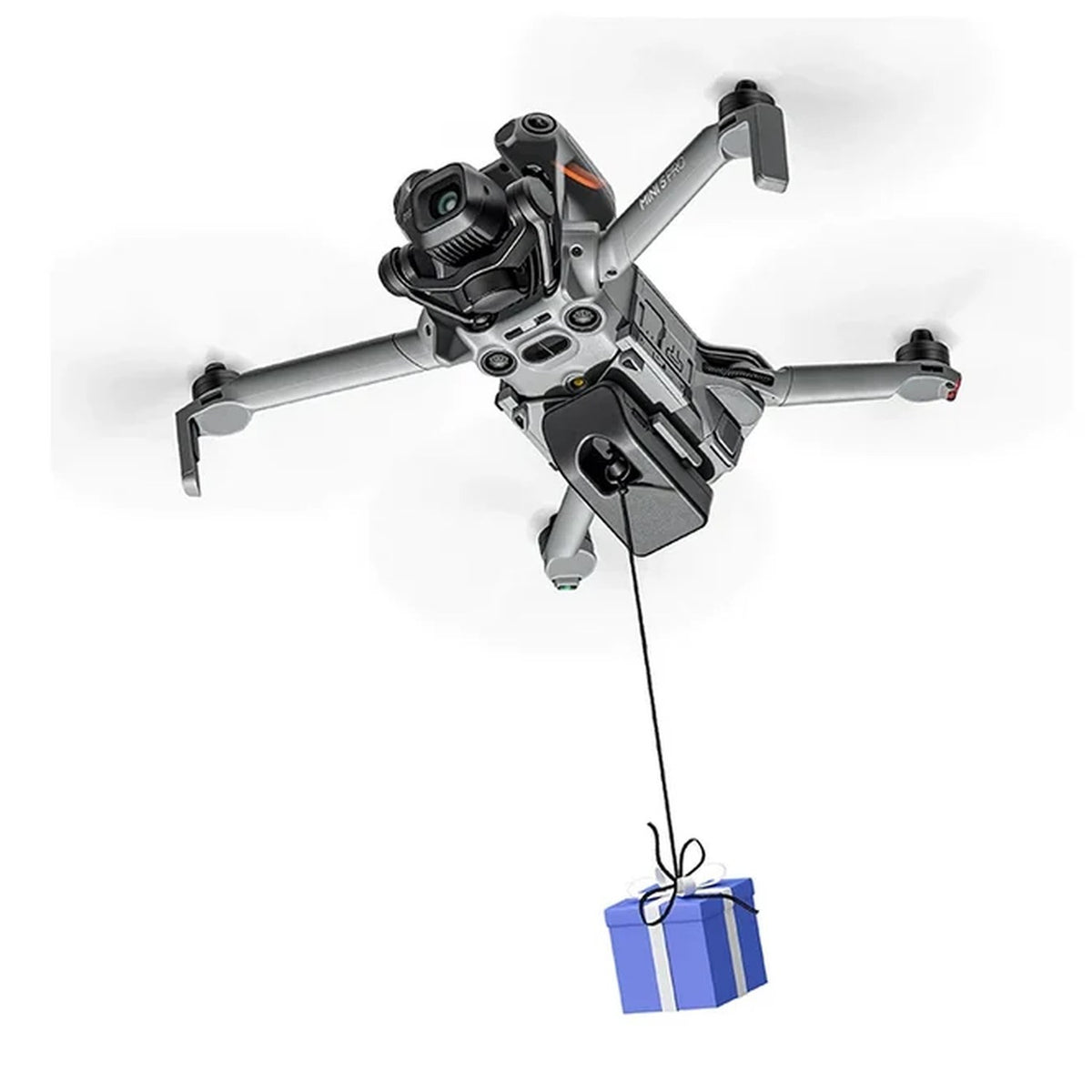 DJI Mini 5 Pro mit STARTRC Abwurfsystem und angehängter Last im Flug
