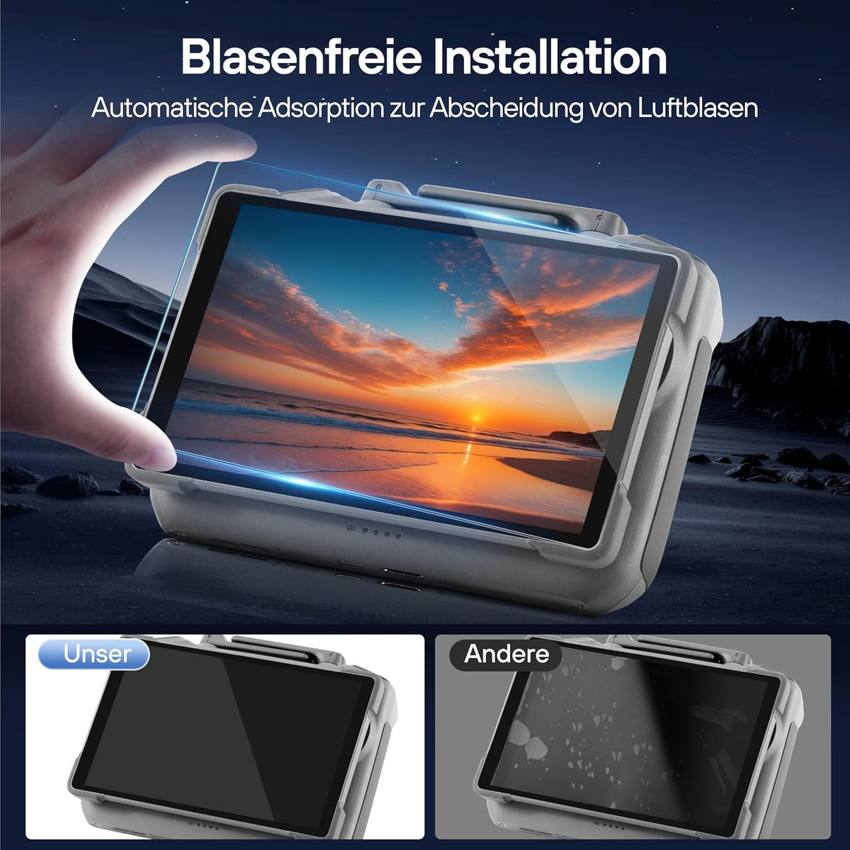 STARTRC Panzerglas wird blasenfrei auf das Display der DJI RC Pro 2 aufgelegt