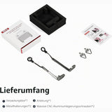 Lieferumfang der STARTRC Umhängeband-Halterung: Verpackung, zwei Metallhalterungen, zwei Schrauben und Anleitung