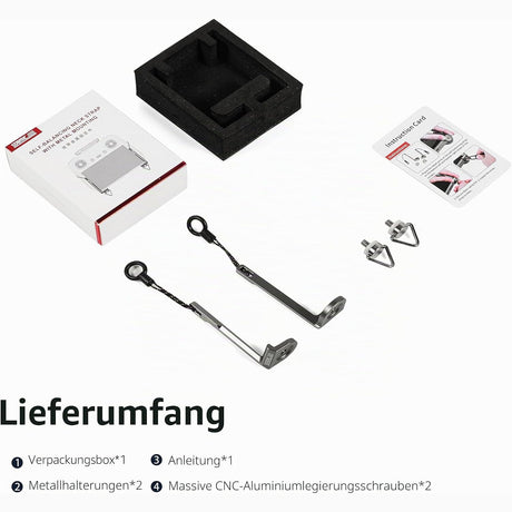 Lieferumfang der STARTRC Umhängeband-Halterung: Verpackung, zwei Metallhalterungen, zwei Schrauben und Anleitung